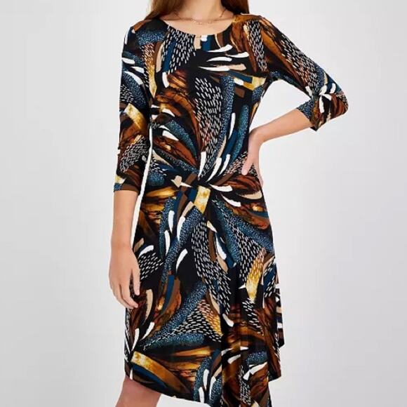 Robbie Bee Petite 3/4-Sleeve Asymmetrical-Hem Dress Teal Multi Women’s Sz PM - Picture 1 of 10